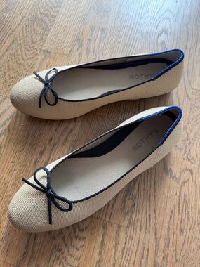 Rothy's Tan Ballet Flats with Black Trim and Blue Accent 10